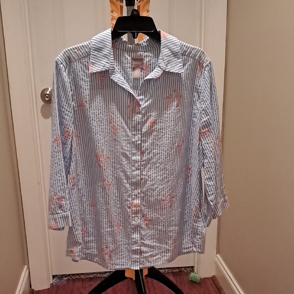Chico's Blue and White Striped Shirt with Pink Flamingos